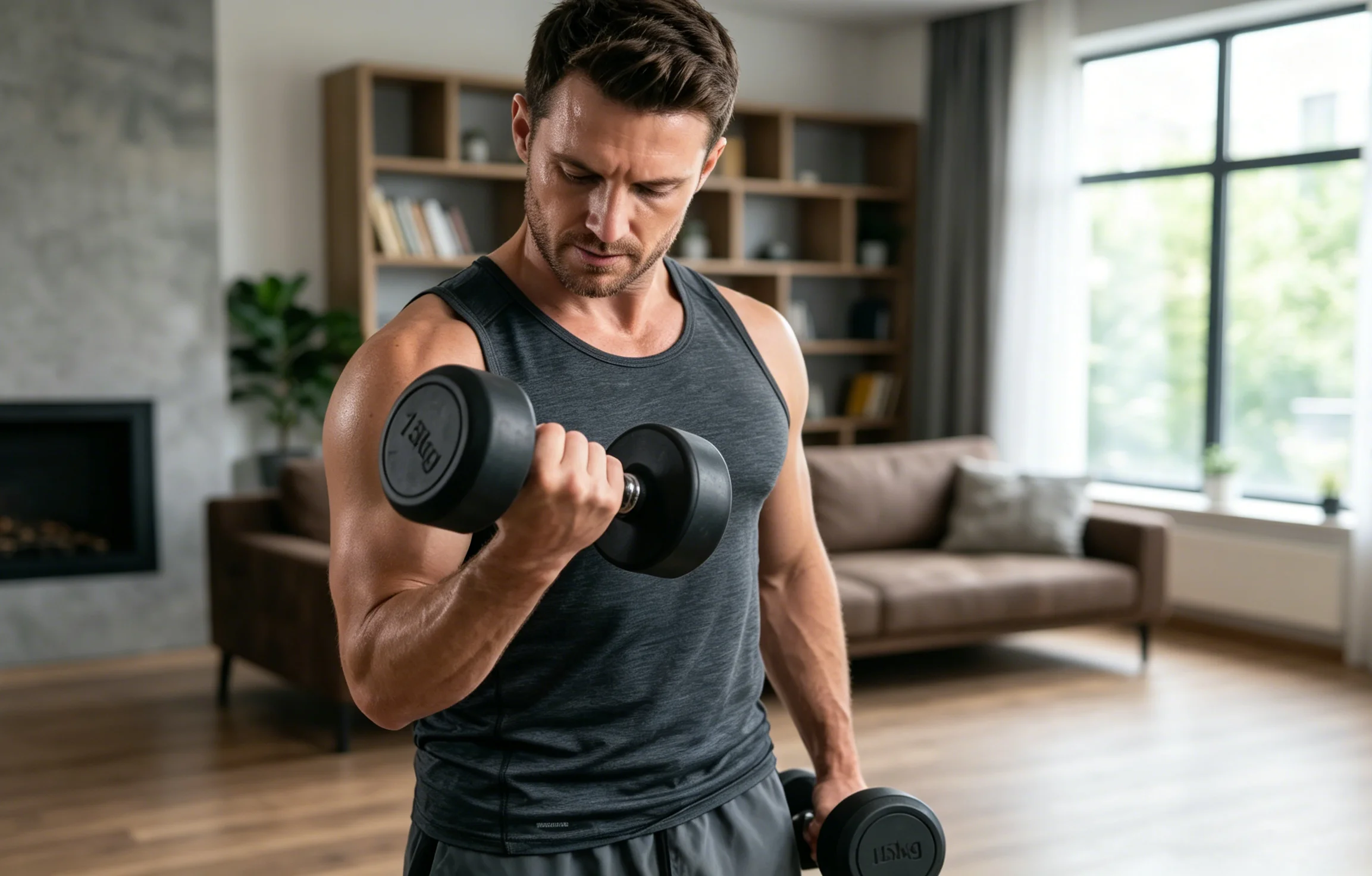 Fit person training at home following workout program